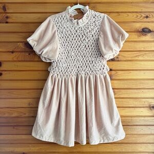 Free People Velvet Mini Dress Champagne Smocked Puff Sleeve Open Back M